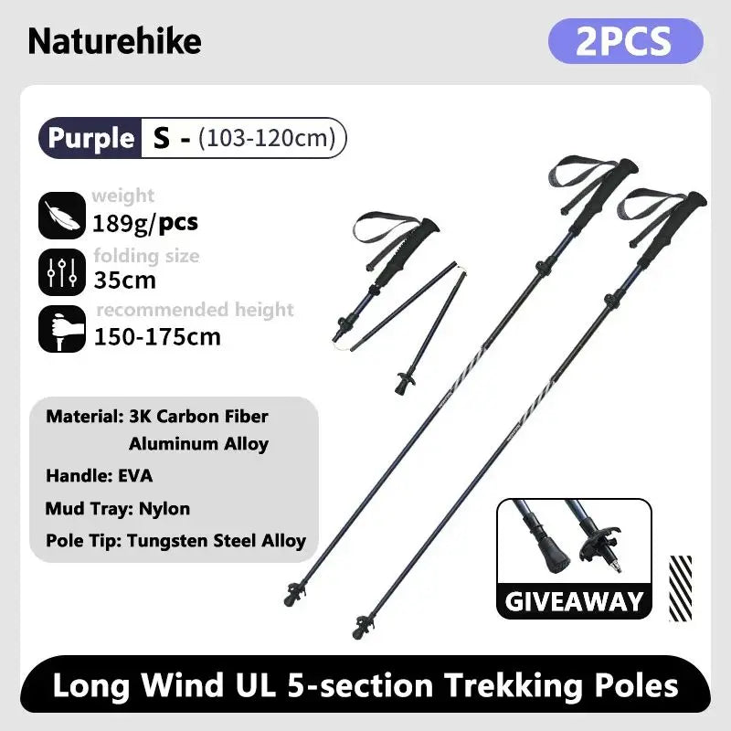Naturehike bâtons de Trekking en Fiber de carbone 5 Sections bâtons d'escalade pliants portables randonnée en plein air bâtons de marche pliables