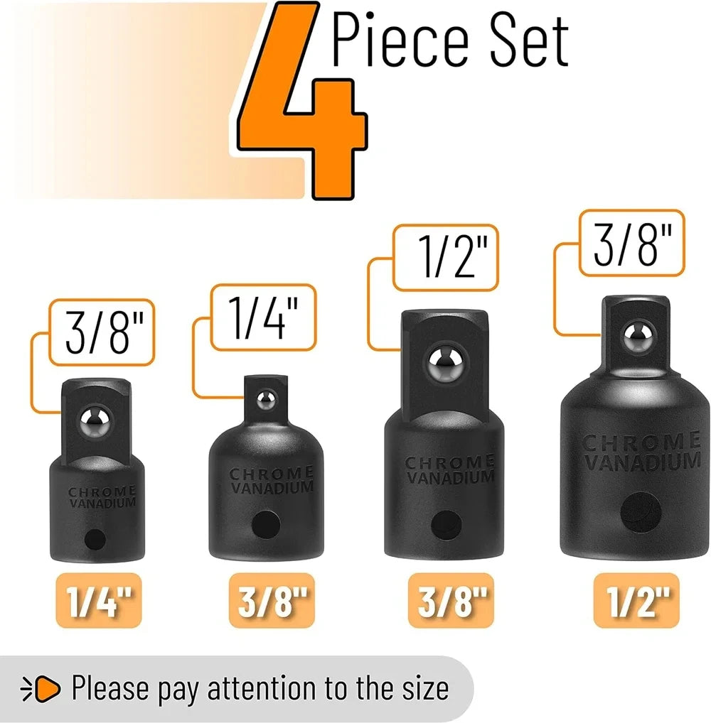 Impact Socket Adapter Reducer Set, 4-Piece, 1/2 3/8 1/4 Inch, Wrenches to Use, Drills in Automatic Construction Work and Impact Drivers