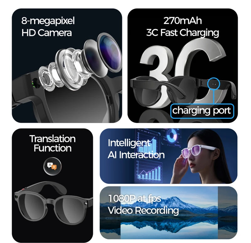 Lunettes intelligentes IA 2026 — traduction IA, caméra HD 8MP, vidéo 4K, appel Bluetooth, enregistrement, musique