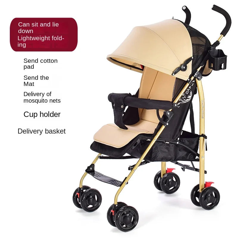 Poussette Bébé Poignée Dorée Pliable — Ultra-Légère Voyage Plein Air
