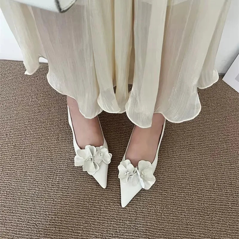 Zapatos de tacón alto para mujer, puntera en pico, destalonados, de oficina, con tacón bajo, rosa, blanco, diseño floral, sexy
