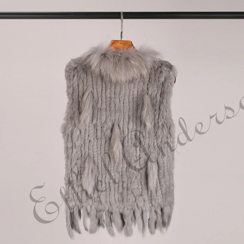 ETHEL ANDERSON – Chaleco con borlas de piel de conejo auténtica, chaleco de punto de alta calidad, vintage, de piel de mapache, ropa de abrigo