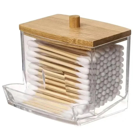 Caja de almacenamiento para hisopos de algodón, recipiente para hisopos de algodón de doble cabezal, tapa cuadrada transparente de bambú, caja organizadora para mondadientes