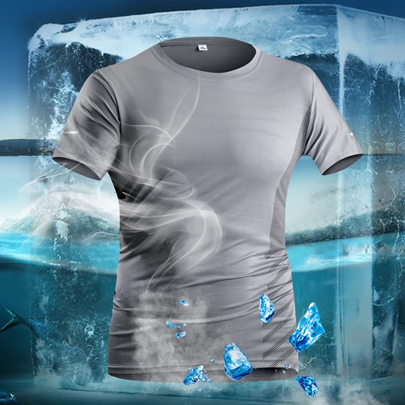 Men's Short Sleeve Running T-Shirt, Thin Ice Silk Top, Reflective Print, Quick Dry, Breathable, Fitness, Sport, 5XL