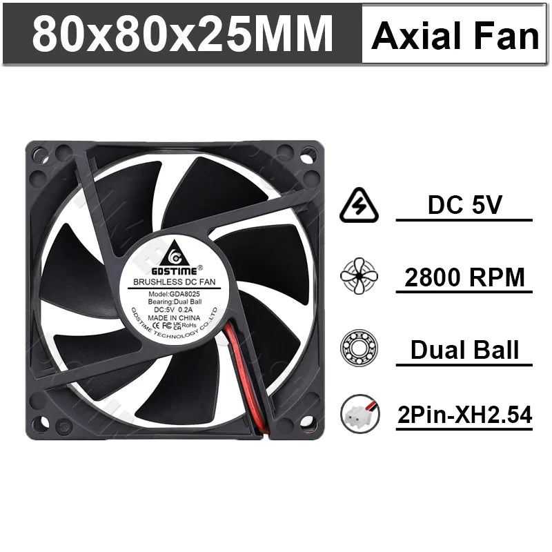 Ventilateur de refroidissement Gdstime 8025 2 broches 48V DC 5V 12V 24V 80mm, ventilateur axial USB à double roulement à billes 80x80x25mm, ventilateur de refroidissement pour boîtier PC 8CM