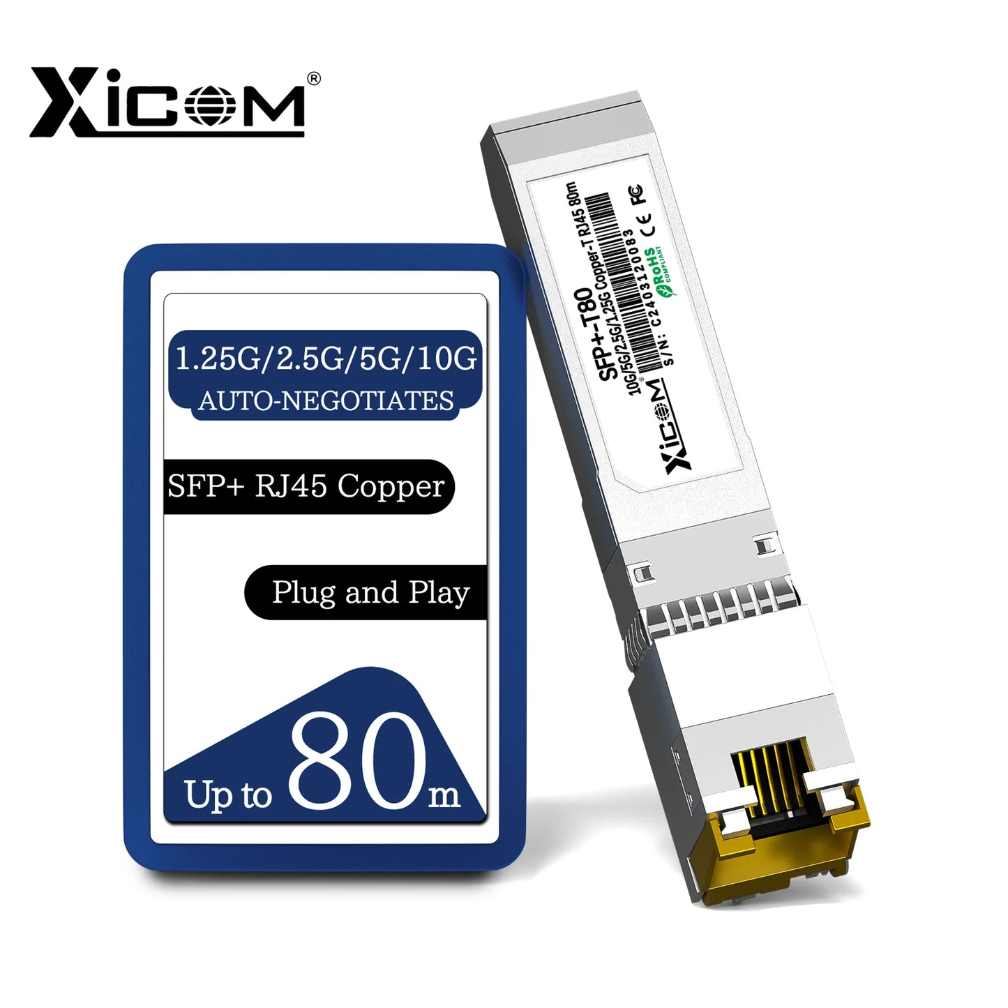 Módulo transceptor SFP+ RJ45 de cobre Xicom 10G, puerto RJ45 80M, compatible con 10G/5G/2.5G/1.25G con switches Ethernet Cisco/Mikrotik