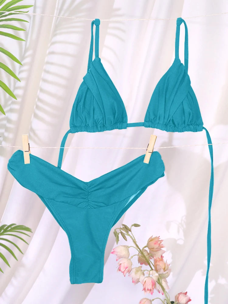 Sexy plis Bikini ensemble solide Micro Bikinis femmes maillot de bain femme Triangle maillots de bain vêtements de plage maillot de bain