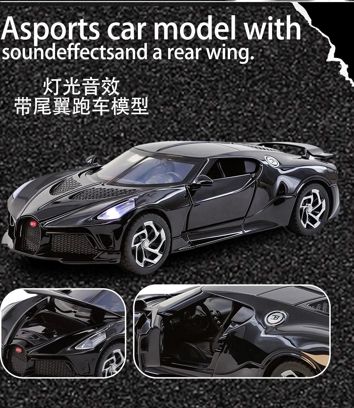 Modèle de supercar noire 1:32 en métal moulé sous pression — véhicule, collection, cadeau garçon