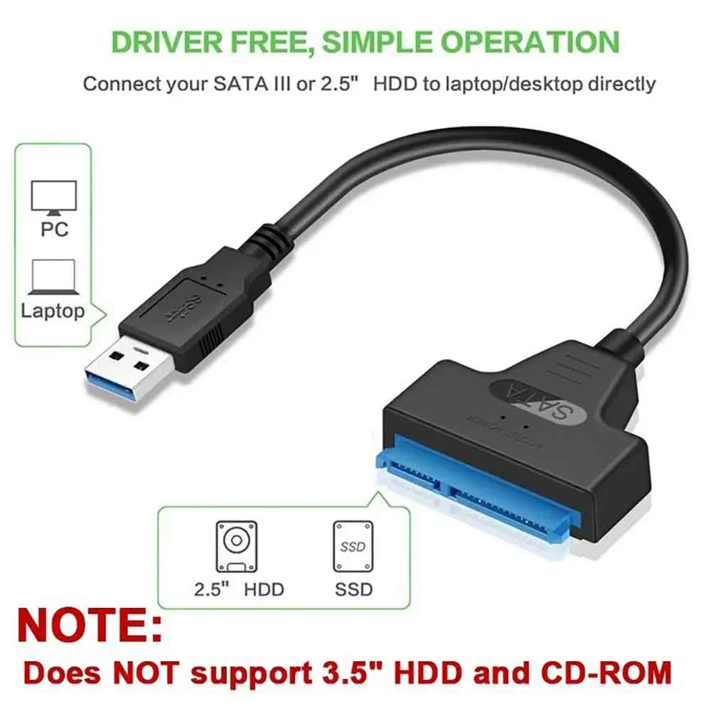 Câble SATA vers USB 3.0/2.0 jusqu'à 6 Gbps pour disque dur SSD externe 2.5 pouces, adaptateur SATA 3 22 broches, cordon USB 3.0 vers Sata III