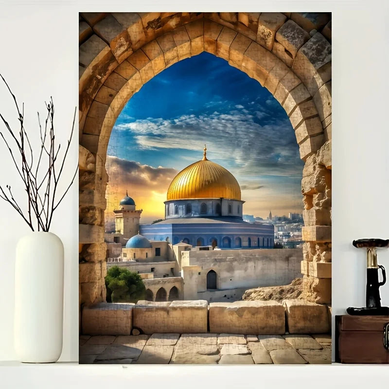 Rompecabezas de 1000 piezas Cúpula de la Roca, Jerusalén, horizonte, escena de atardecer azul y dorado, rompecabezas para adultos desafiante para la familia Buen