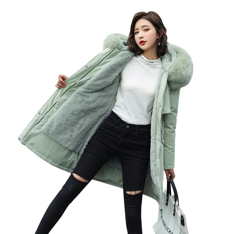 Parka d'hiver 2024 nouvelles femmes veste vêtements manteau Long doublure en laine à capuche col de fourrure épais chaud vêtements de neige mode Parka