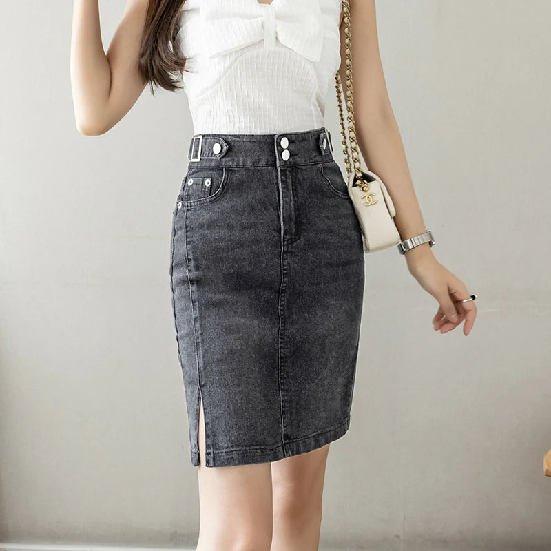 Otoño 2025 talla grande falda para mujer cintura alta talla grande abertura negro o azul denim faldas moda coreana delgada falda femenina