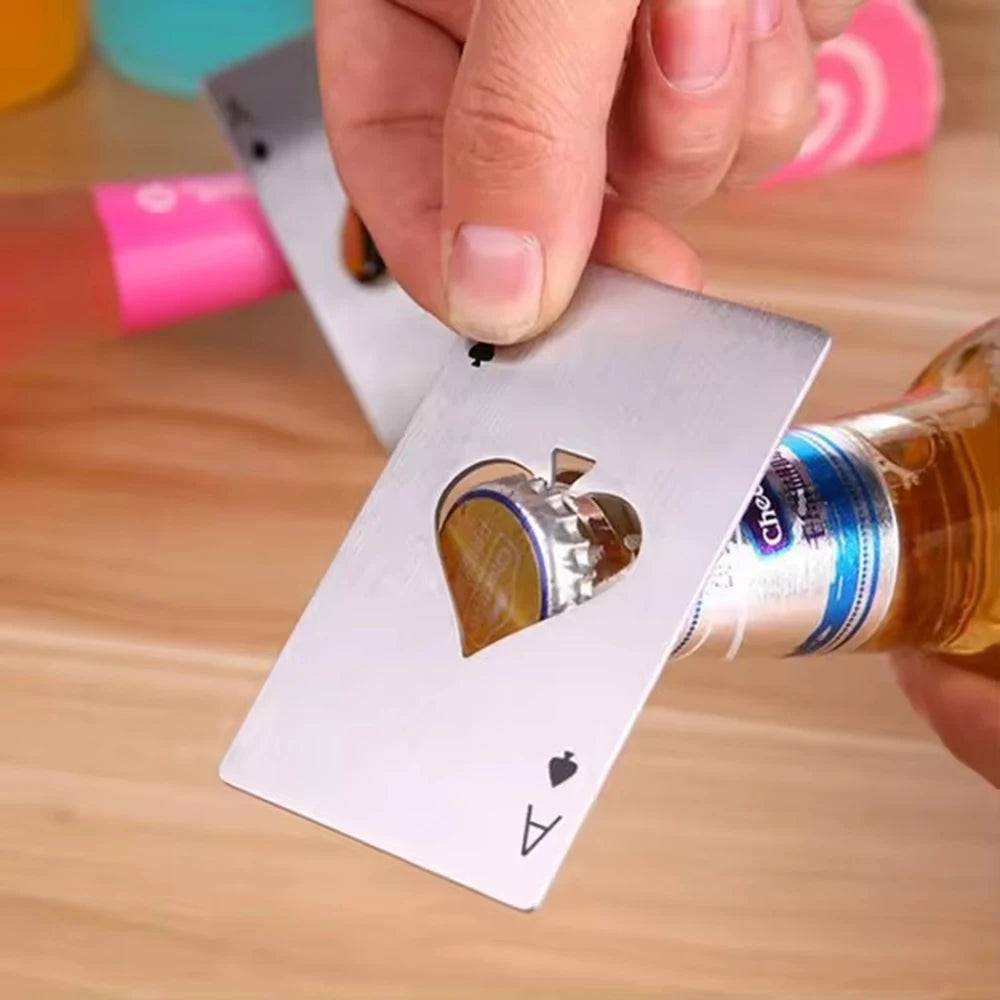 Palas de acero inoxidable, botellero, abridor de botellas, cartas de juego, abridor de botellas, tarjeta de crédito, abridor de cerveza.