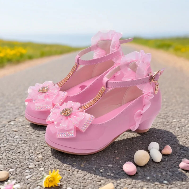 ULKNN Girls high heel sandals pink leather buckle strap children's gladiators white bow tie shoes size 26-37 soft toddler shoes