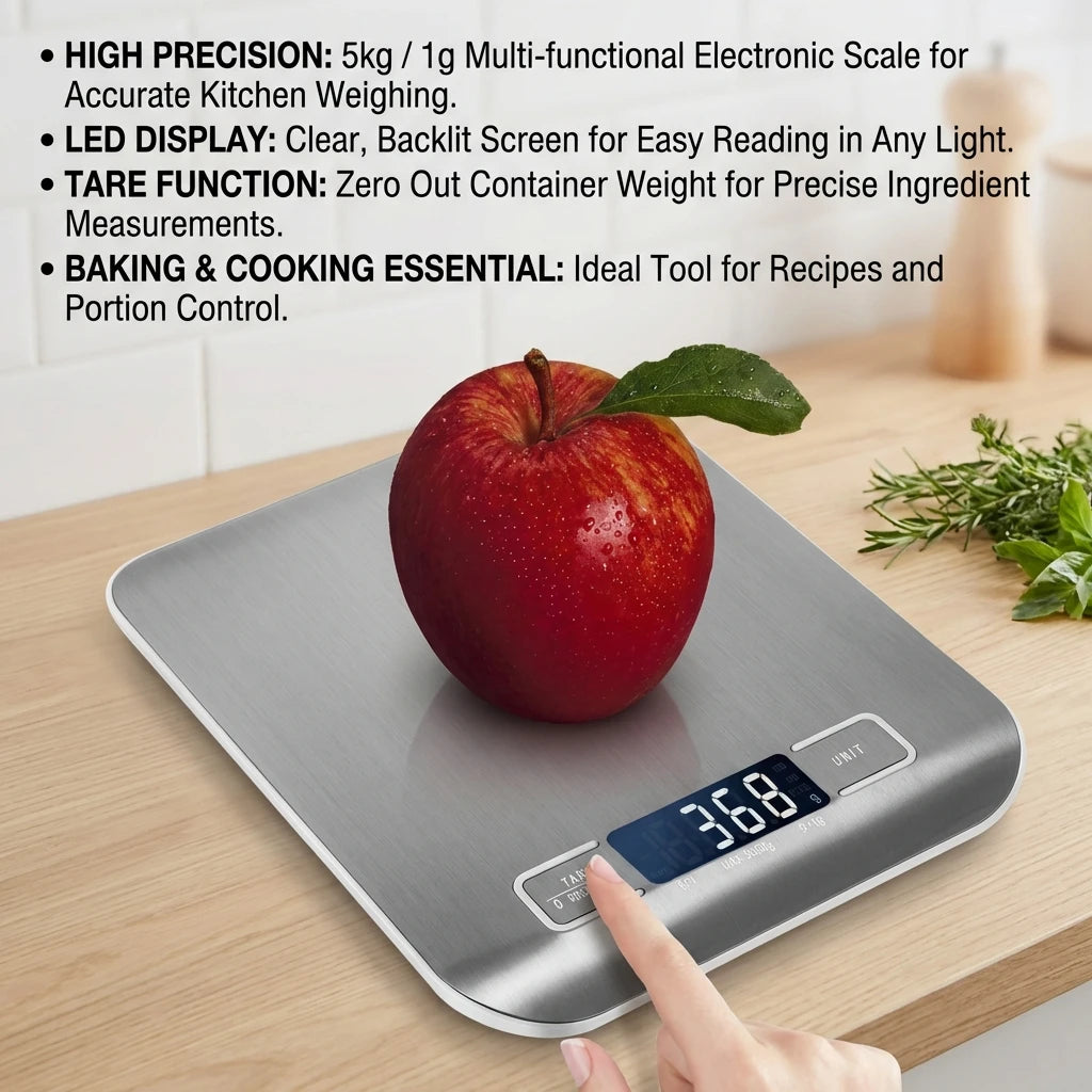 Digital Kitchen Scale with LED Display, 5 kg/1 g Stainless Steel, Electronic Weighing for Food, Jewelry, Snacks, Baking, Kitchen Tools