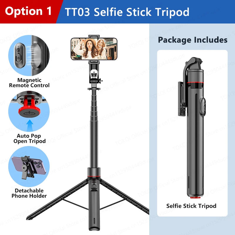 TOKQI TT03 — Perche à Selfie Extensible 1.76m Ouverture Auto Télécommande Magnétique