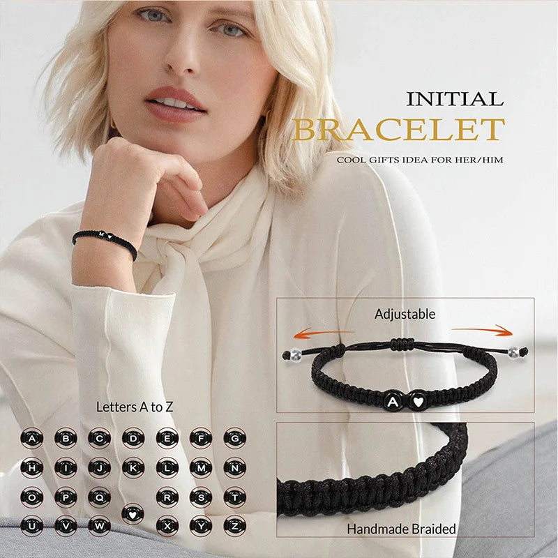 26 Initial Letter Heart Handmade Adjustable Bracelets A-Z Braided Name Bracelets for Women Men Friendship Jewelry Gifts