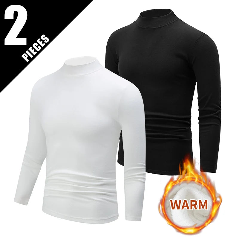 1/2 pcs Autumn and Winter Men's Fashionable Semi-High Neck Long-Sleeve Base Top Solid Color Casual Sports Fitness Warm T-Shirt