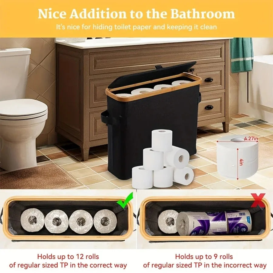 Bamboo Toilet Paper Holder with Lid - Freestanding Bathroom Organizer with Handle, Enclosed Tissue Storage Box