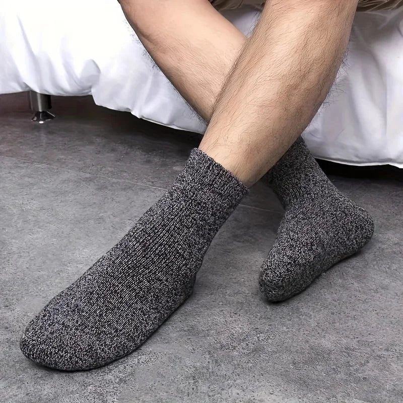 3/5 paires de chaussettes chaudes pour hommes, chaussettes épaisses en tissu éponge mi-mollet, chaussettes anti-froid pour bottes de neige, élastiques, couleur unie