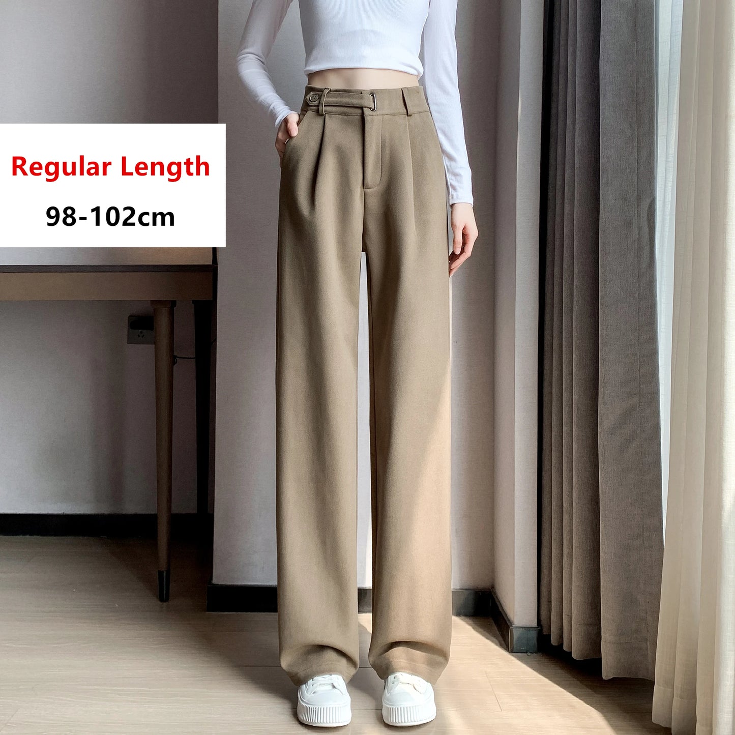 Pantalon en laine épais à jambe large pour femmes — décontracté, taille haute, bouton, chic, automne-hiver 2025