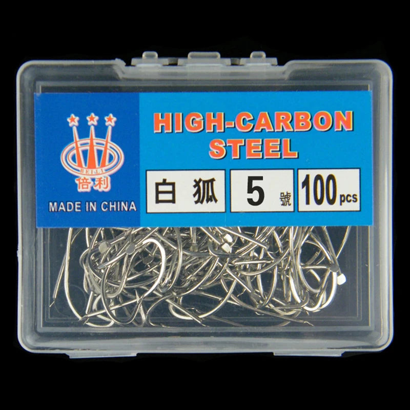 100pcs Barbed Silver High Carbon Steel Hooks for Fishing White Fox, Pelteobagrus Fulvidraco and Striped Catfish