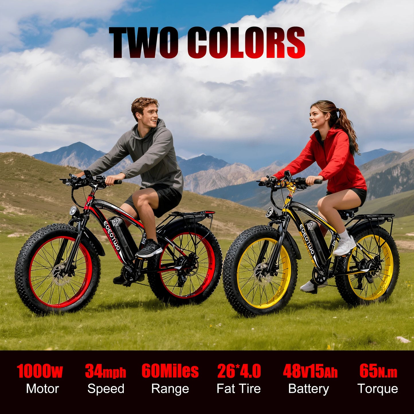 EOEOTWO E01 Adult Electric Bicycle, 1500W Peak Power Motor, 26 Inch Fat Tires, 34MPH Max Speed, 60 Miles Range, UL2849 Certified, Mountain Bike