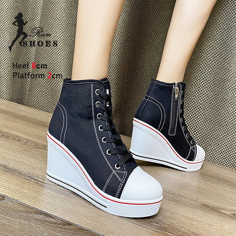 Women's Canvas Sneakers Spring Autumn Lace-up Platform Shoes Women's High Platform Casual Shoes Zapatillas Mujer Chaussure Femme