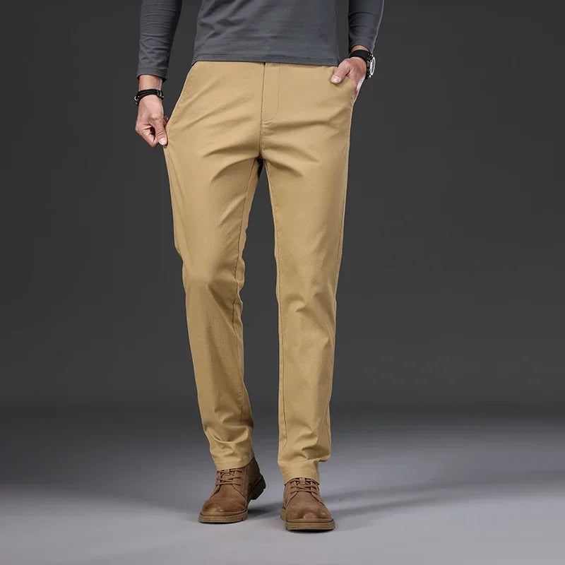 Pantalones casuales para hombre, 97% algodón, moda de otoño, cómodos, elásticos, ajustados, rectos, de negocios, negro, verde militar, caqui
