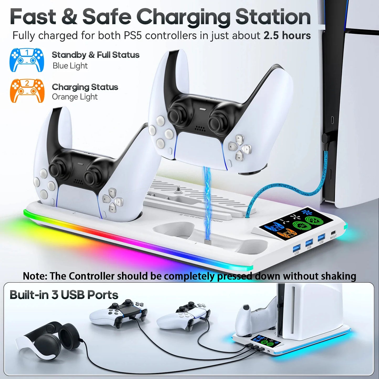 Soporte para PS5/PS5 Slim/PS5 Pro, con gancho para auriculares, soporte de refrigeración y estación de carga para controladores, con ventilador de refrigeración de 3 niveles