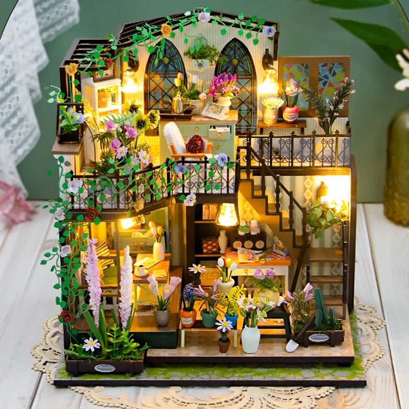 Casa de muñecas de madera, modelo de jardín, puzle 3D, kits de construcción para montar, juguetes, decoración de dormitorio con luces LED, regalo para casa de muñecas, bricolaje