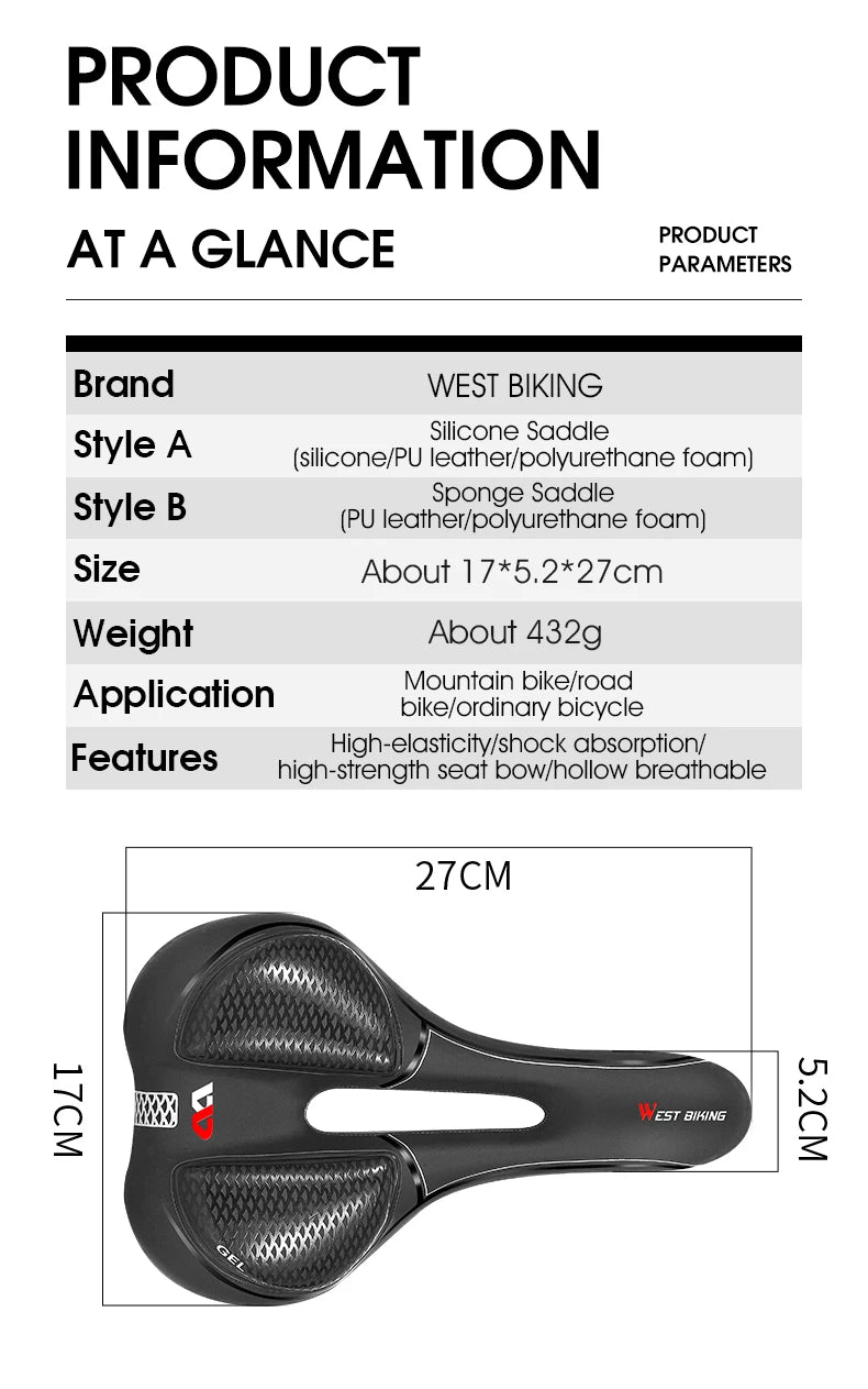 Selle vélo route et VTT en PU — respirante, souple, coussin ergonomique, course