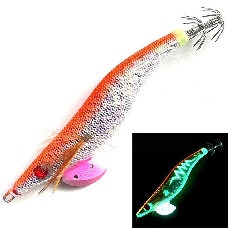 Appât phosphorescent en bois pour la pêche à la seiche, gabarits de calmar, crochets de gabarit de poulpe, léger et noctilucent, taille 3.5 #, 21g