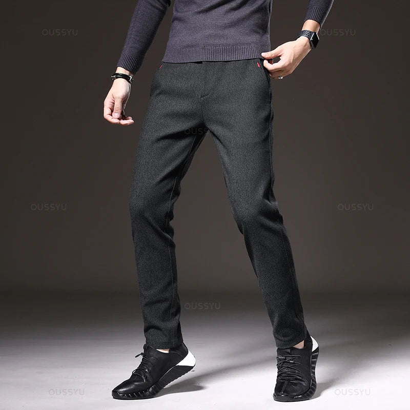 Pantalon décontracté pour homme, coupe slim, taille élastique, extensible, en coton épais, gris et noir, style business, nouvelle collection printemps