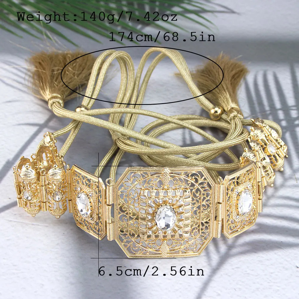 Gold Color Handmade Rope Belt, Algerian Moroccan Caftan for Women, Crystal Bridal Jewelry, Arab Festival Jewelry