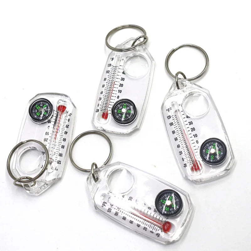 Porte-clés 3 en 1 avec boussole, thermomètre portable, loupe, outils de survie, essentiels pour le camping