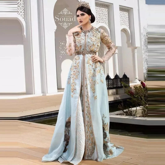 Bleu ciel caftan marocain robes de soirée musulmanes a-ligne manches longues Appliques dubaï arabe Caftan Abaya robe islamique personnalisée
