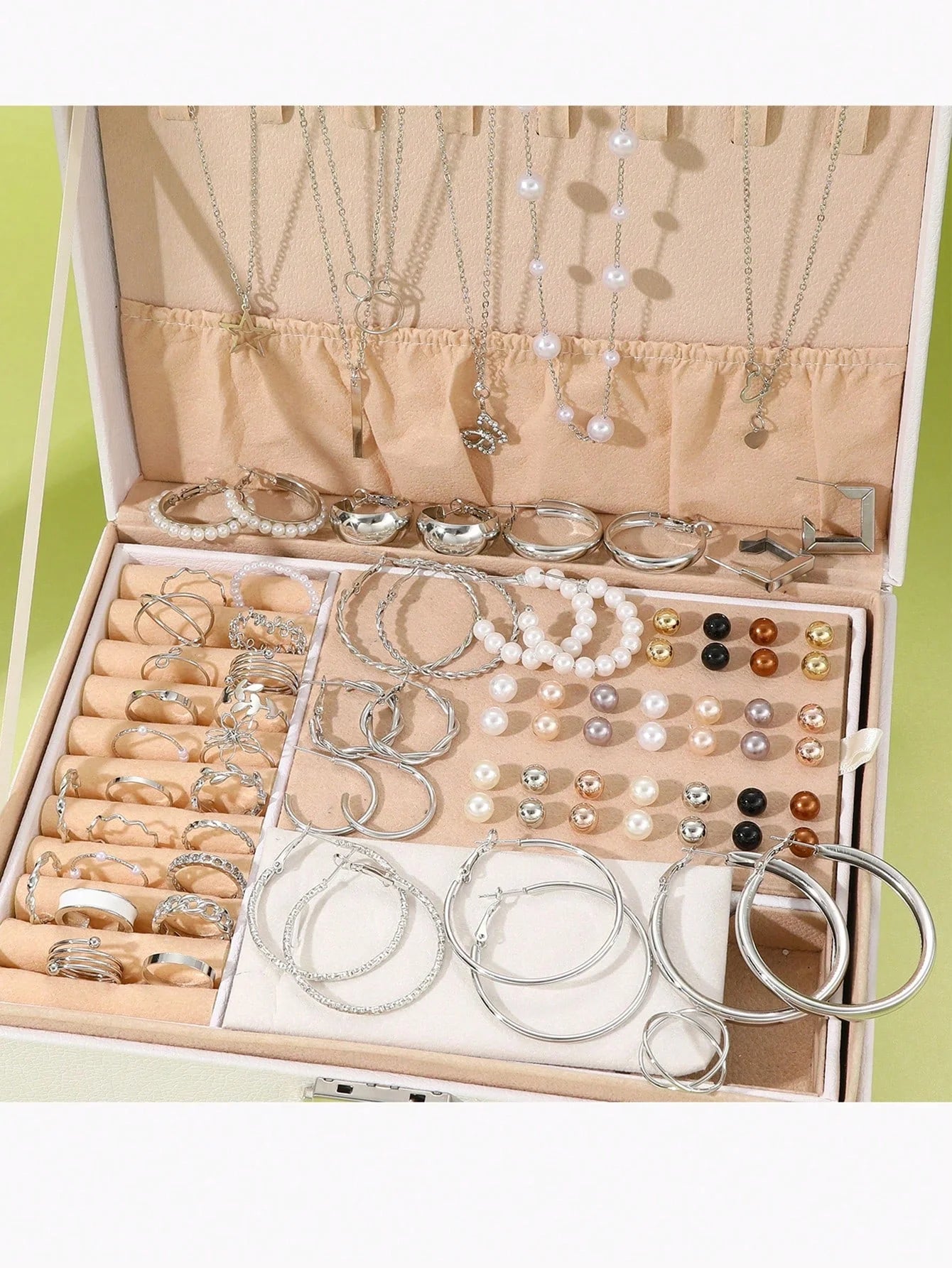 86 piezas/conjunto de pendientes de perlas elegantes, collar multicapa, aretes, anillos, conjunto de joyas 4 en 1 para mujer, uso diario, regalo (sin caja)