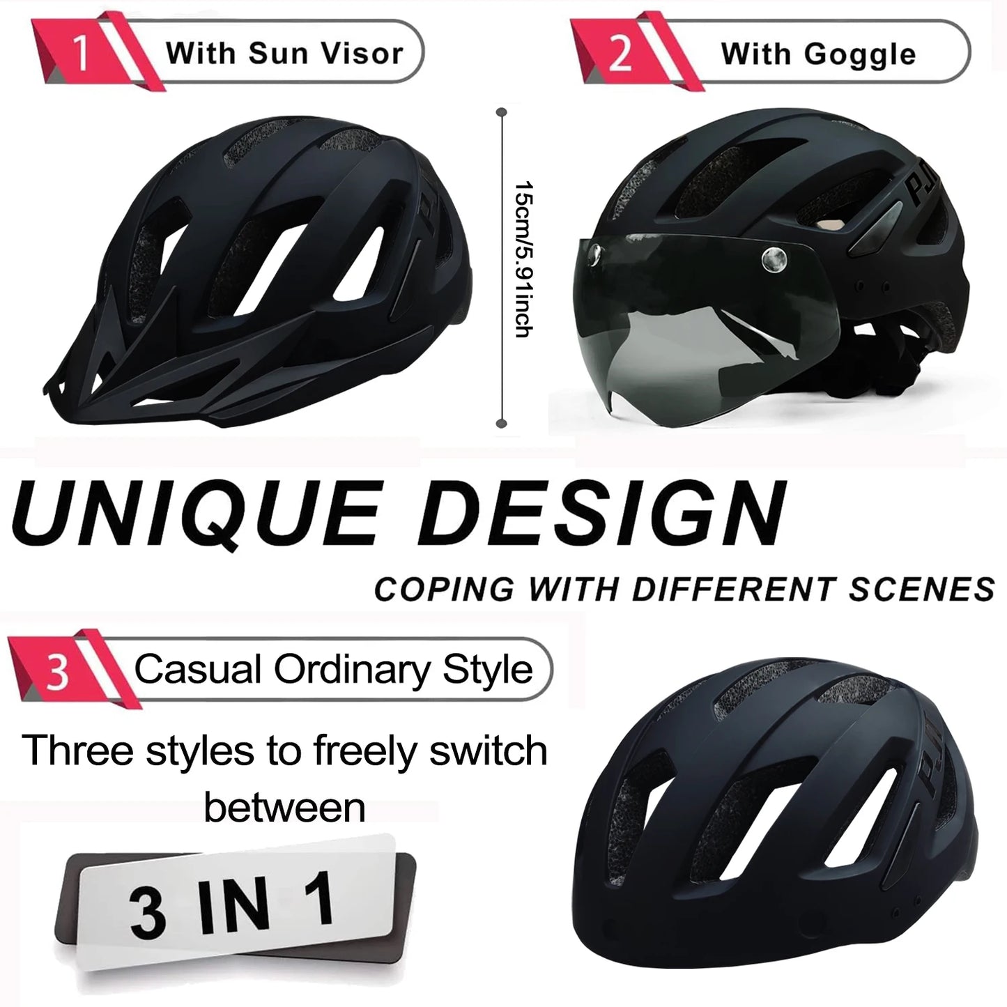 Casque vélo avec feu arrière LED USB rechargeable — lunettes de soleil intégrées, cyclisme route/VTT