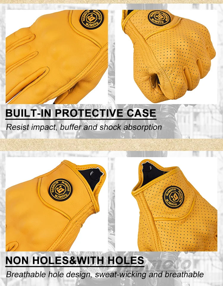 Gants de Moto Rétro en Cuir Jaune pour Homme et Femme, Accessoire Perforé et Respirant pour Course de Vélo, Écran Tactile, Motocross