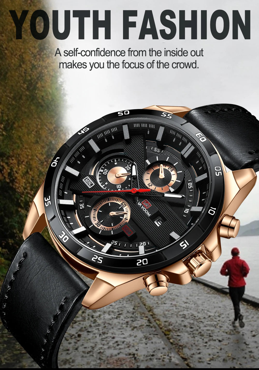 Montre à quartz en cuir pour homme, style sport, grand, décontracté, mode, original, noir, rose, or, calendrier, 46mm