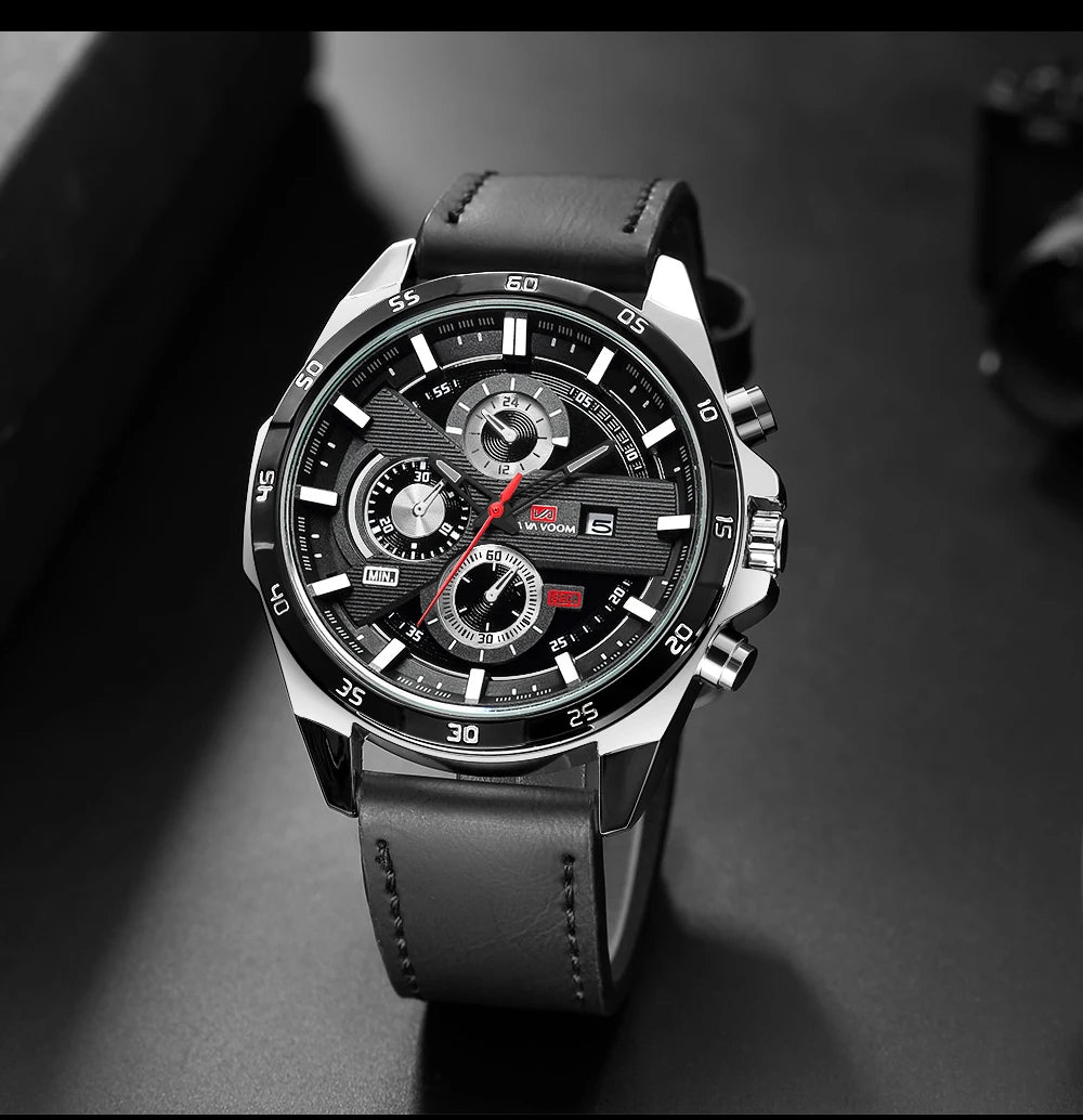 Montres de sport pour hommes, série de course de mode, 46mm, horloge en cuir noir VA VA VOOM, mouvement à Quartz 3Bar, montre-bracelet étanche pour hommes