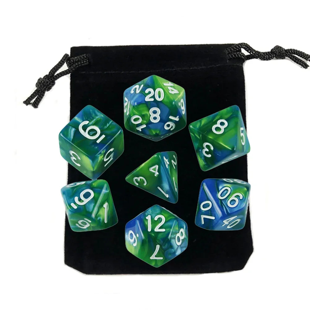 Dados poliédricos con bolsa, juego de mesa, desayunos, DnD, d4,d6,d8,d10,d %,d12,d20, 7 piezas