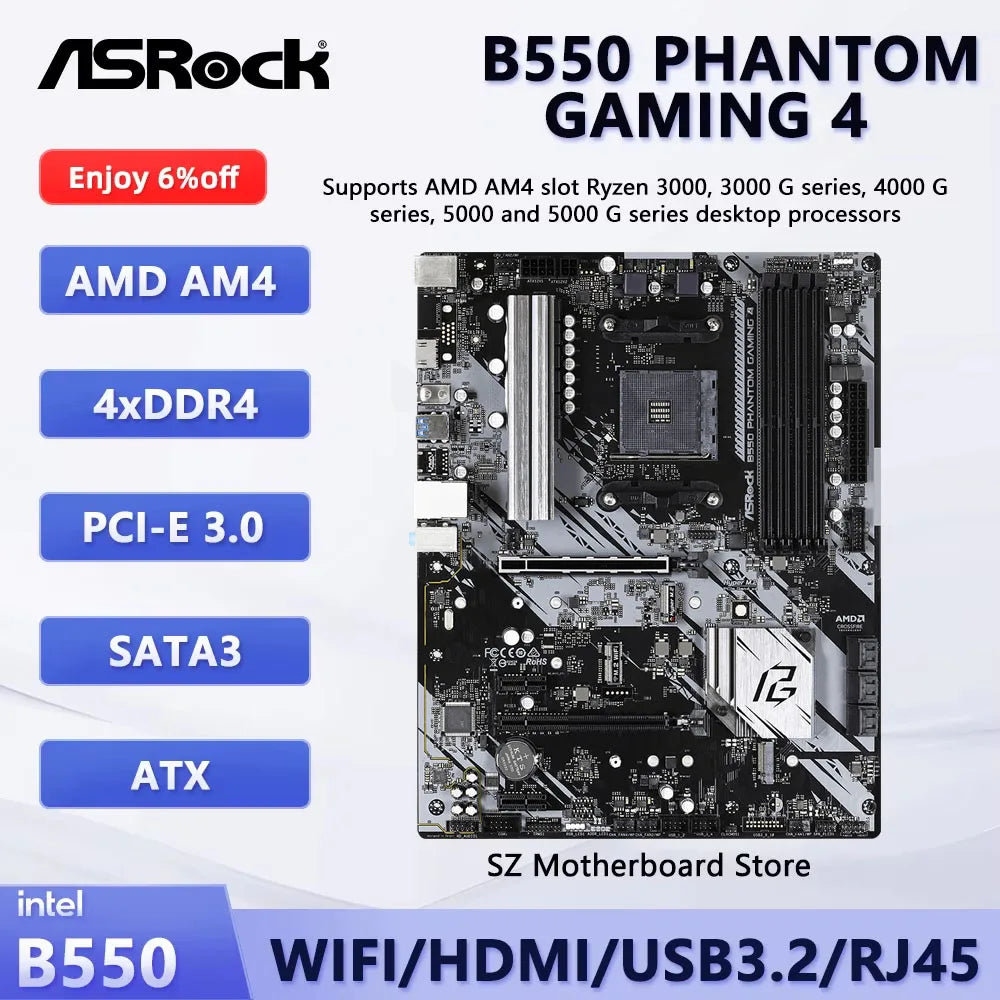 Carte mère ASROCK B550 PHANTOM GAMING 4 AMD B550 ATX pour socket AM4 AMD Ryzen 5600X 5800X 5900X 3600 DDR4 PCIe 4.0 M.2 PCI-E