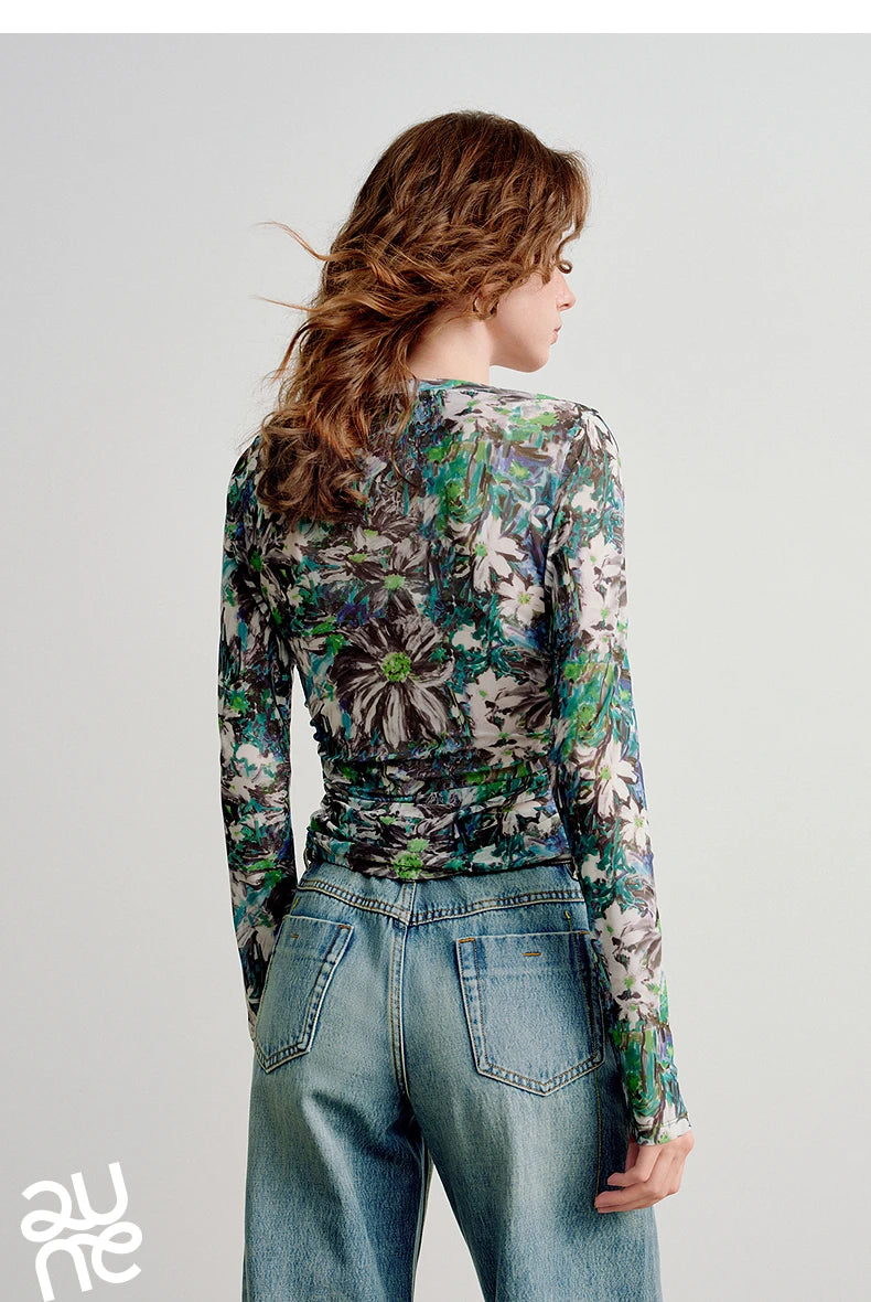 T-shirt femme en maille imprimé 2026 — printemps, taille découpée, Y2K, hauts courts
