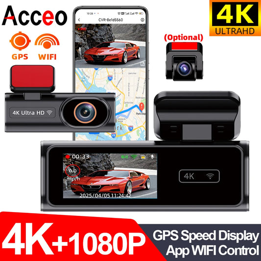 Dashcam Ultra HD 4K — enregistrement en boucle, surveillance stationnement 24H, vision nocturne, caméra arrière, WiFi