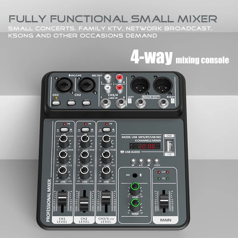Mélangeur Audio DJ 4 Canaux USB Bluetooth — Console Mixage 48V Karaoké & Studio