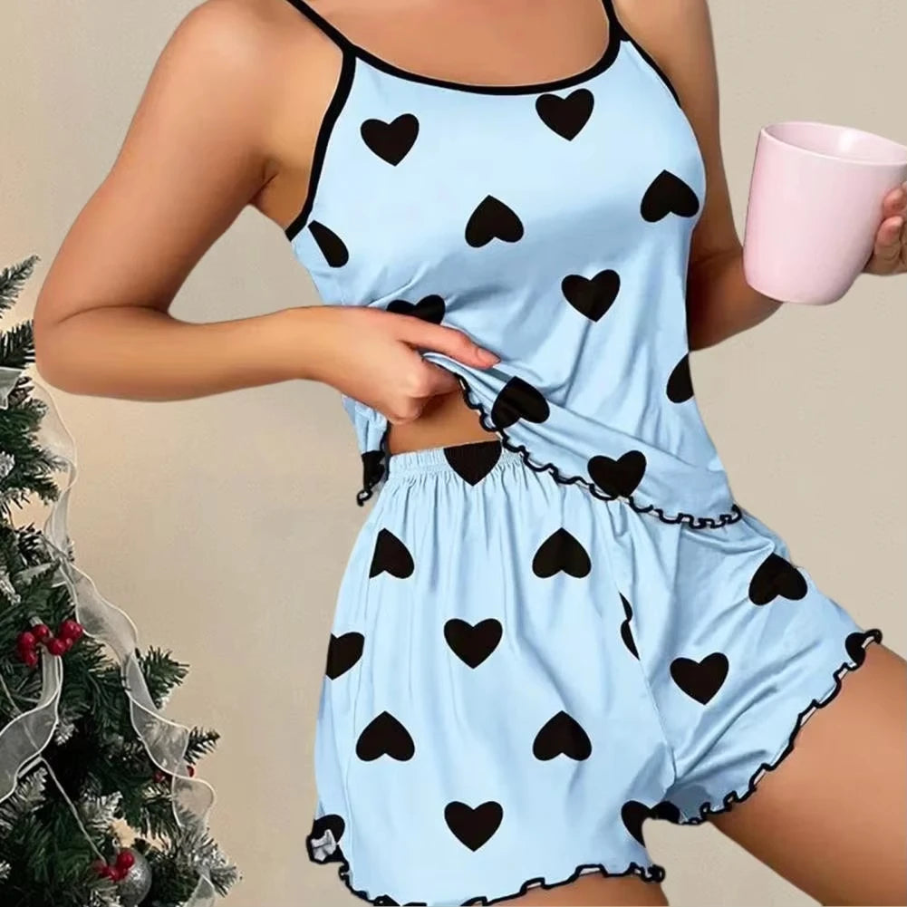 Conjunto de pijama para mujer, camisetas y pantalones cortos, camiseta rosa con estampado de corazón, cuello redondo, top de seda helada, cómodo e informal, verano