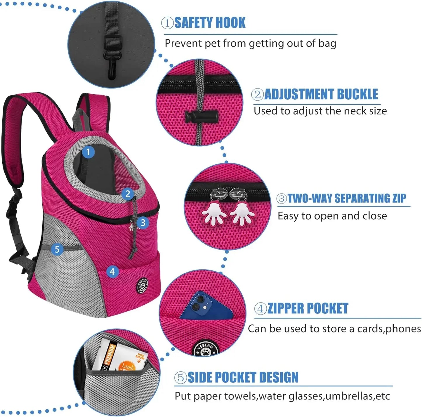 Nouveau chien animal de compagnie sac à dos transporteur sac de voyage avant Pack respirant réglable avec bandes réfléchissantes de sécurité pour la randonnée en plein air chats
