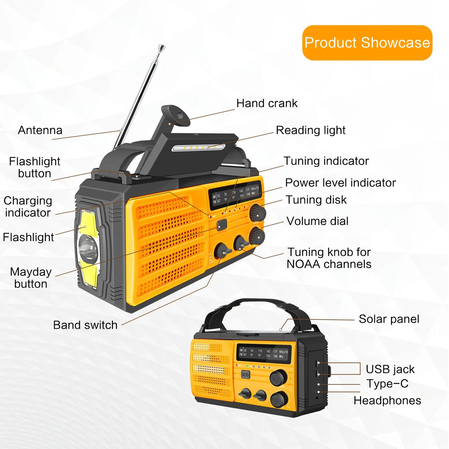 Radio météo d'urgence multifonctionnelle, FM AM WB, manivelle, charge USB solaire, batterie externe 2000mAh, lampe torche LED
